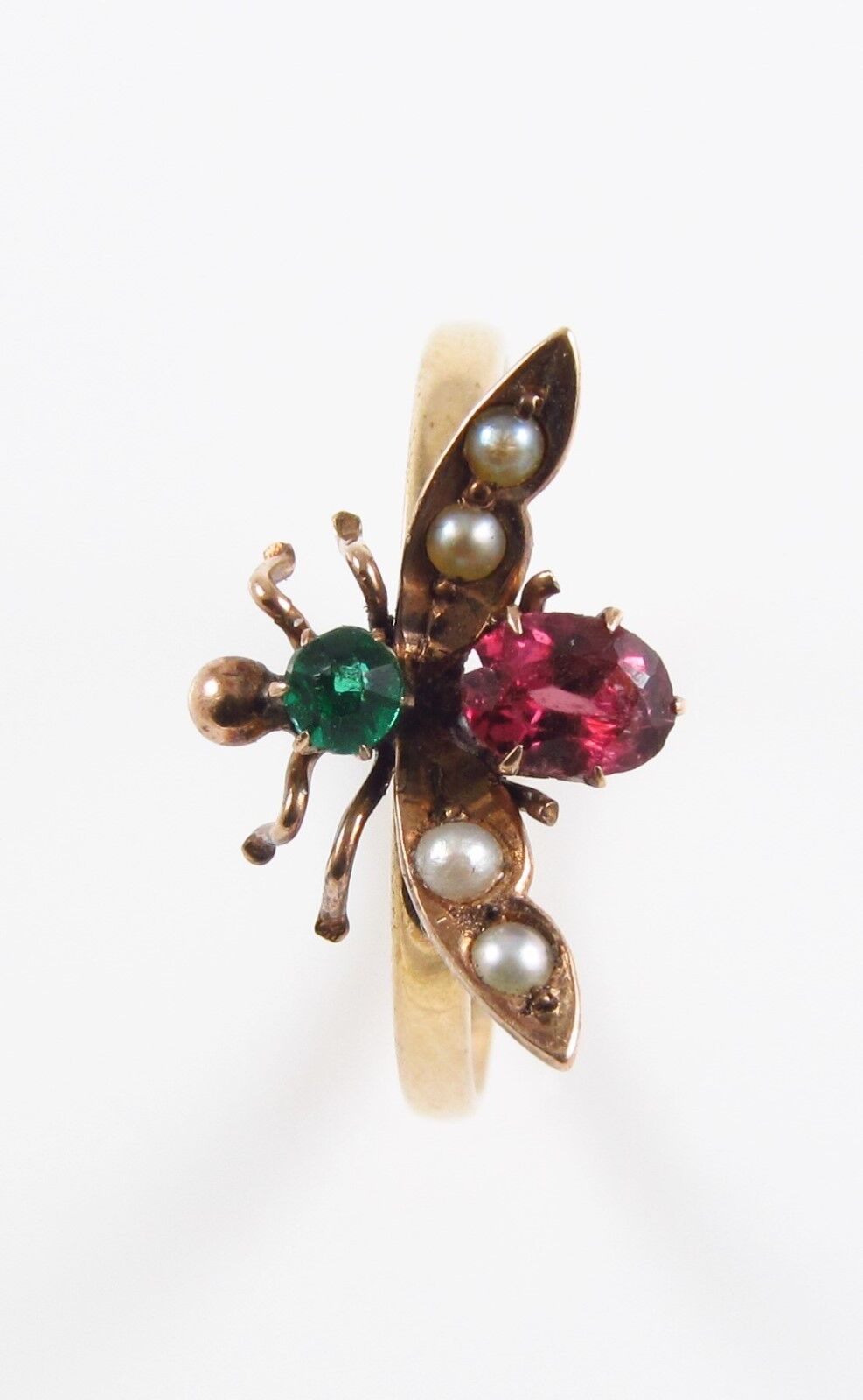 Antique Victorian Ladies 14k Gold Paste Stone & Pearl Insect Fly Bee Ring Size 7