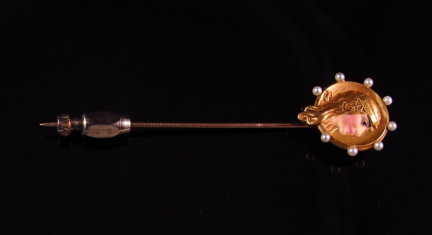 Antique Art Nouveau 14K Yellow Gold Pearl Enamel Byzantine Lady Stick Pin