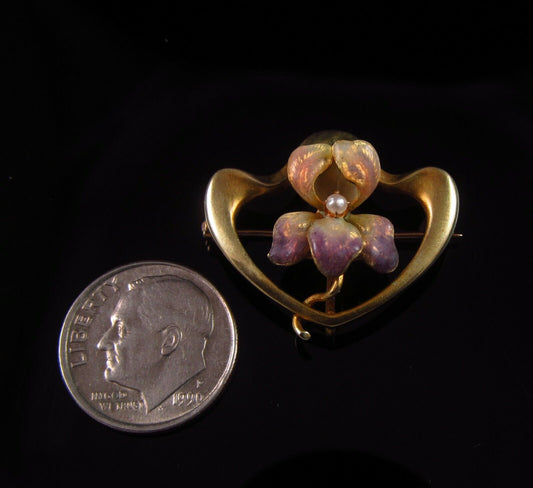 Antique 10k Gold Art Nouveau Enamel & Pearl Iris Flower Brooch Pin