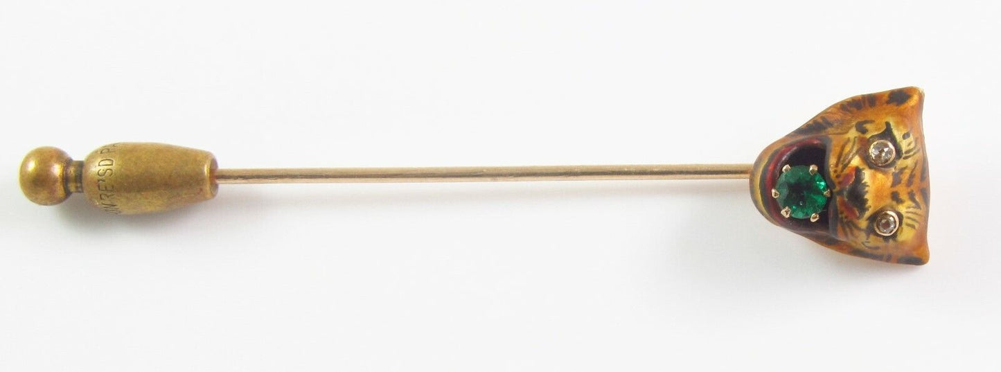 Antique 14k Gold Art Nouveau Enamel & Diamond Eyed Tiger Cat Stick Pin
