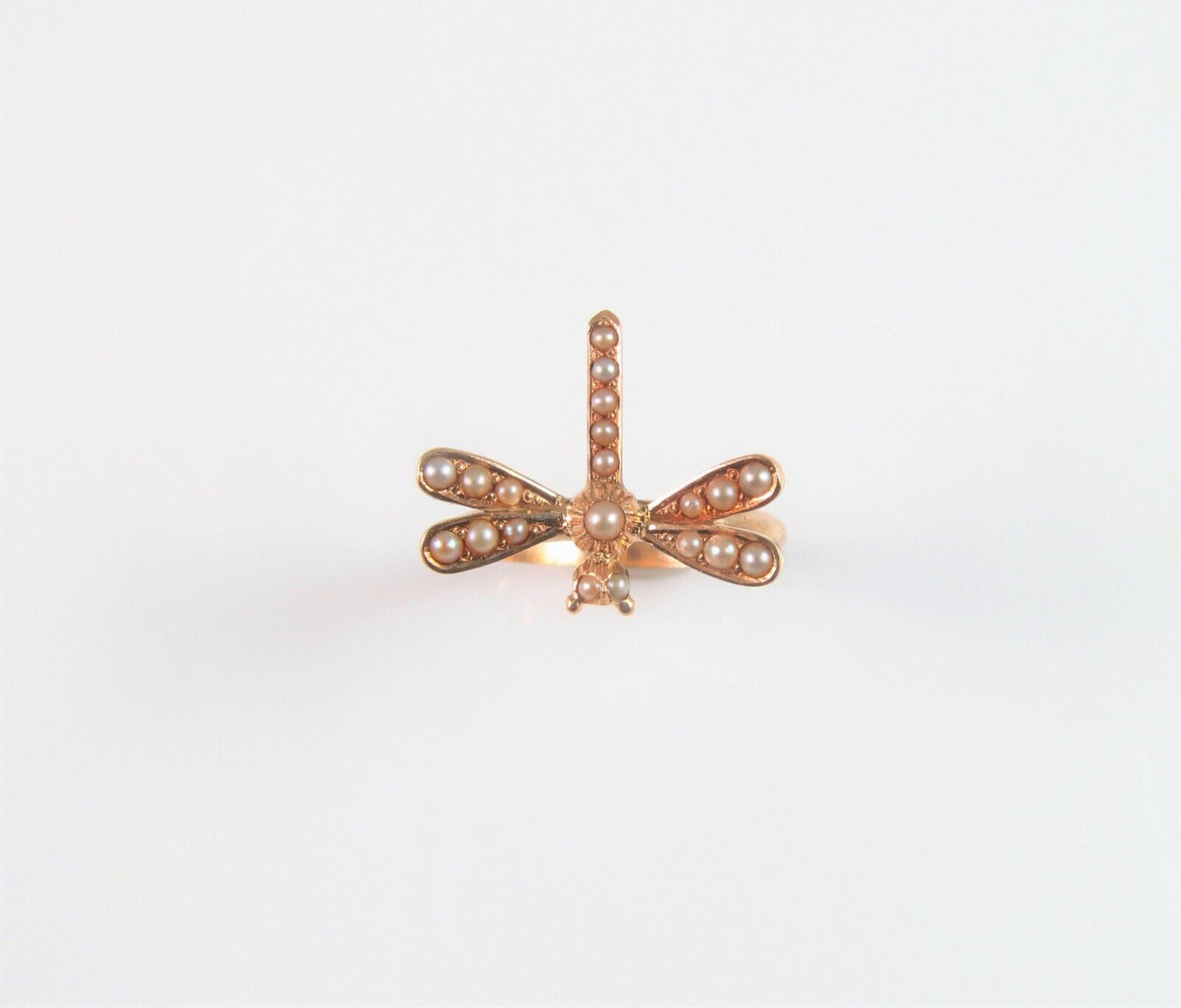 Antique 14k Gold Victorian Edwardian Dragonfly Pearl Conversion Ring Size 5