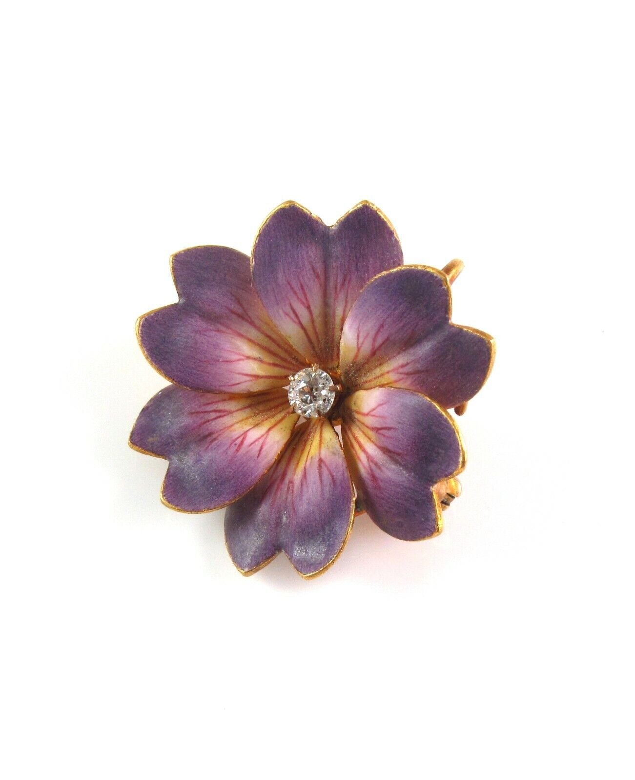 Carter Gough 14k Gold Art Nouveau Enamel Diamond Violet Flower Watch Pin Brooch