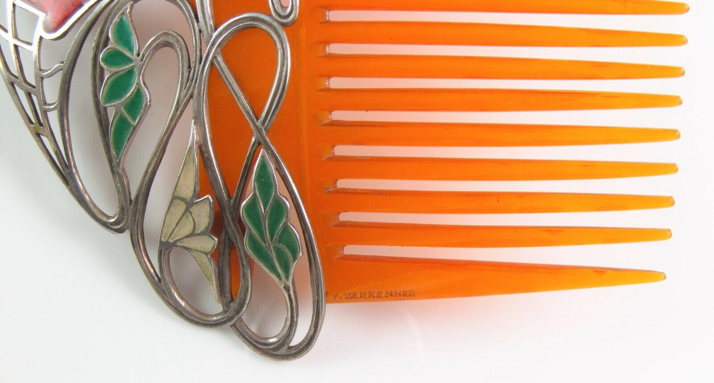 Rare Antique F. Zerrenner Art Nouveau Silver Plique A Jour Enamel Hair Comb