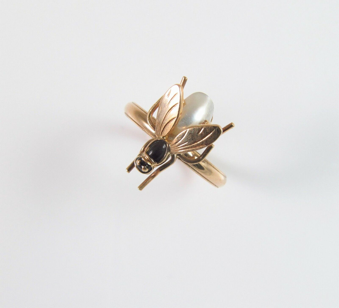 Vintage 14k Gold Enamel Pearl Body Insect Wasp Bee Fly Conversion Ring Size 6.5