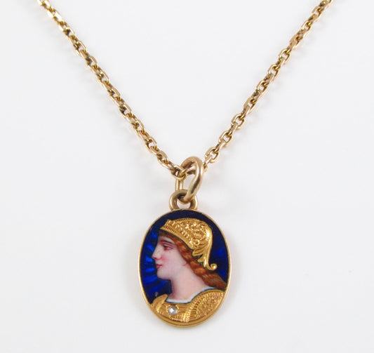 Petite 14k Gold Swiss Enamel Portrait Athena Goddess Conversion Pendant Necklace