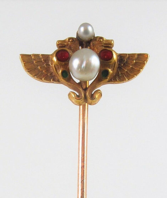 Antique 14k Gold Alling & Co. Enamel Egyptian Revival Pearl Serpents Stick Pin