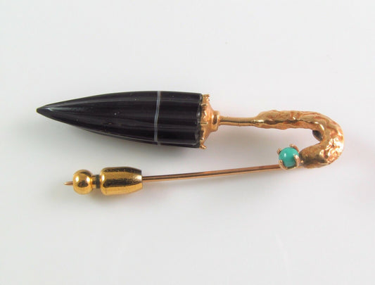 Antique Estate 14k Gold Victorian Carved Onyx Umbrella Stick Pin Lapel Pin