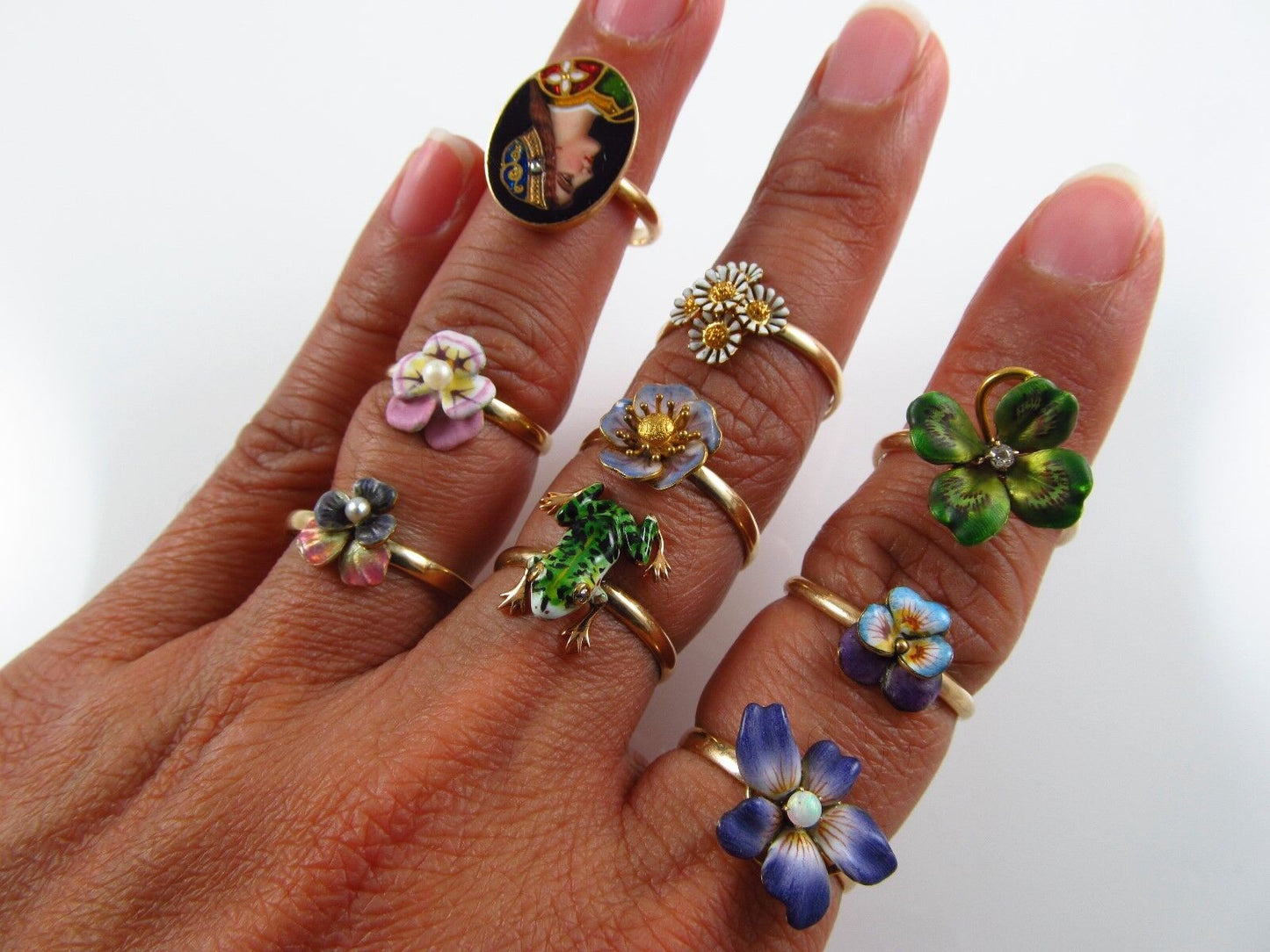 Antique 14k Gold Art Nouveau Green enamel Pink Paste Stone Flower Ring Size 6.75