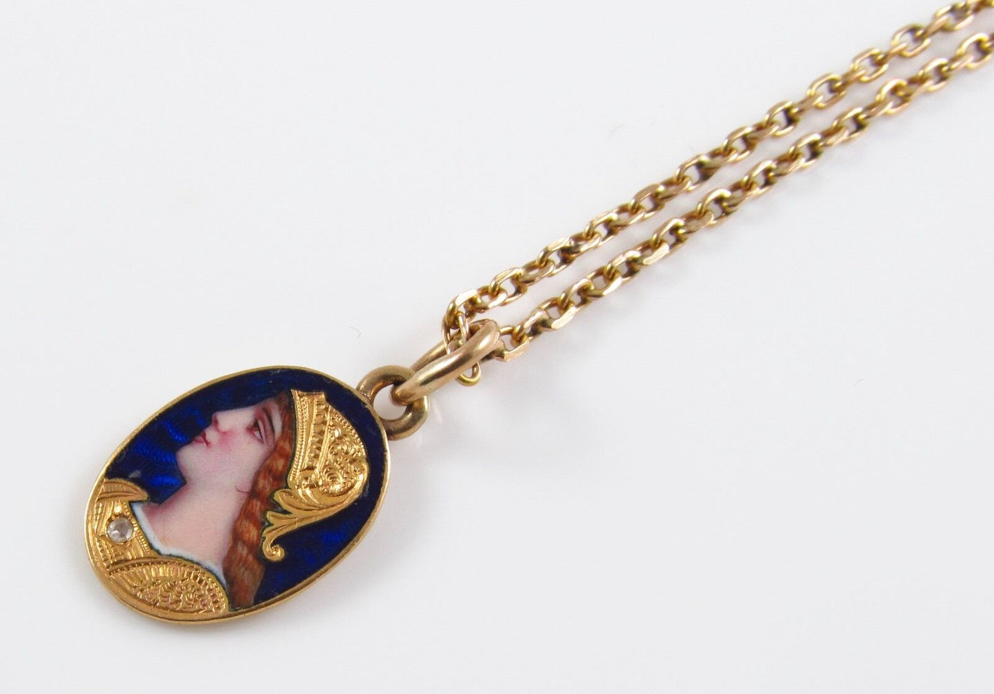 Petite 14k Gold Swiss Enamel Portrait Athena Goddess Conversion Pendant Necklace