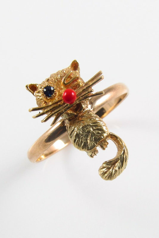 Vintage 14k Yellow Gold Sapphire Eyed & Winking Cat Conversion Ring Size 8.75