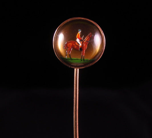 Antique Victorian 14K Gold Reverse Carved Essex Crystal Equestrian Stick Pin