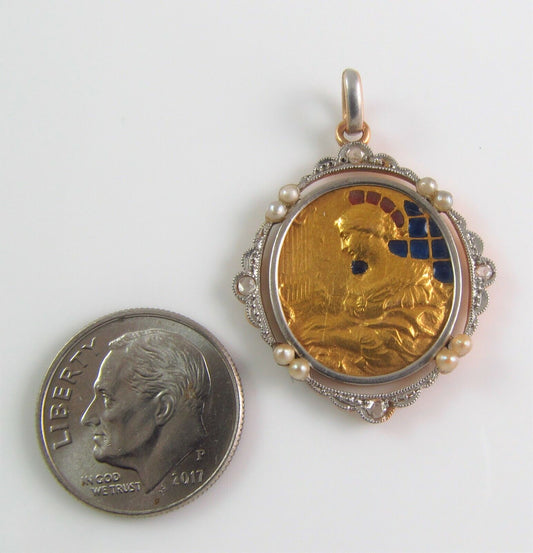Antique 18K Gold Platinum Plique A Jour Enamel Diamond Pearl St. Cecilia Pendant