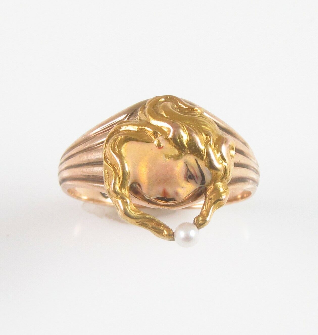 Antique 14k Gold Art Nouveau Enamel & Pearl Maiden Lady Conversion Ring Size 4.5