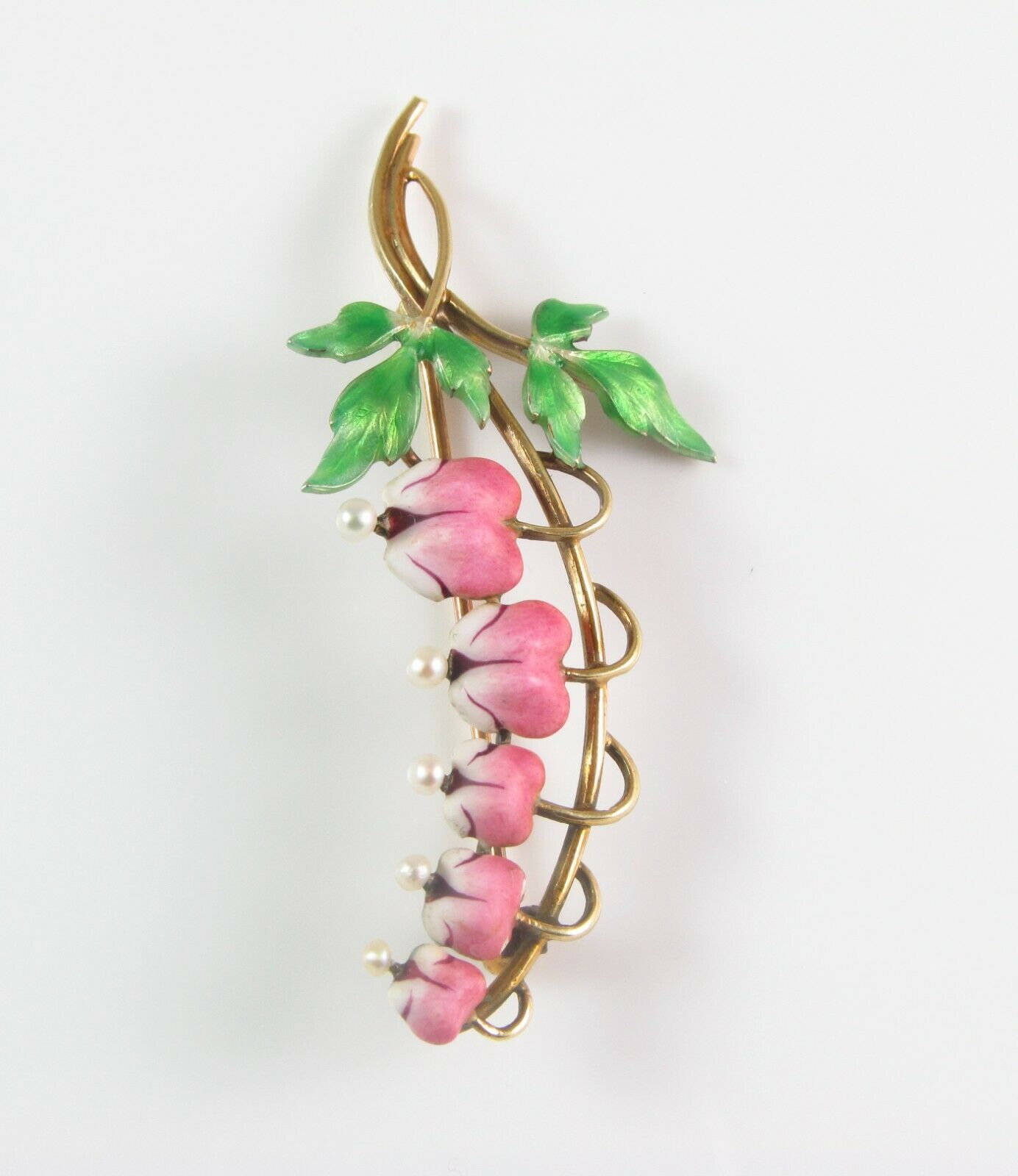 Art Nouveau 14k Gold Ladies Enamel & Pearl Bleeding Heart Flower Brooch Pin