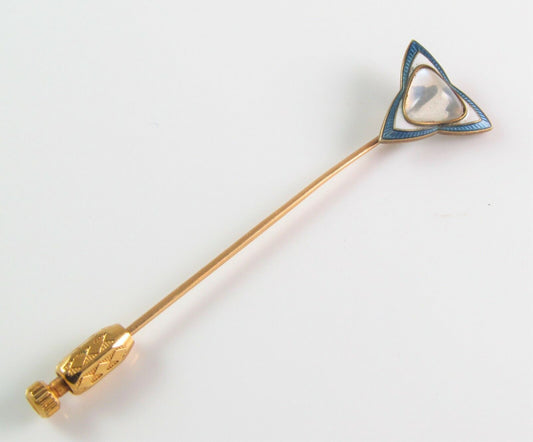 Antique 14k Gold Whiteside & Blank Guilloche Enamel Moonstone Stick Pin