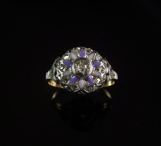 Antique Ladies 18k Gold & Platinum Topped Enamel Diamond Flower Ring Size 7