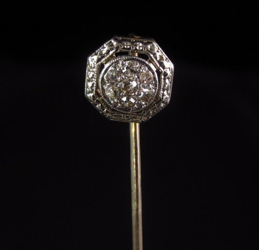 Antique Art Deco 14k White Gold & Platinum Diamond Cluster Stick Pin