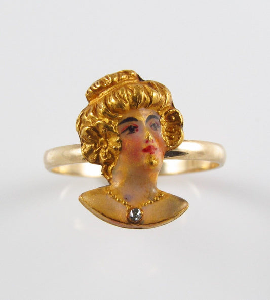 Antique 14k Gold Art Nouveau Enamel & Diamond Maiden Lady Ring Size 7.5