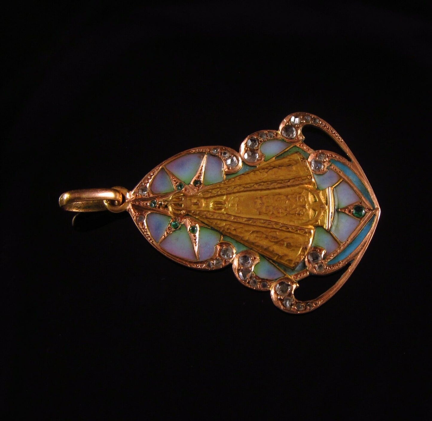 Antique 14k Gold Plique A Jour Enamel Diamond Emerald Jesus Religious Pendant