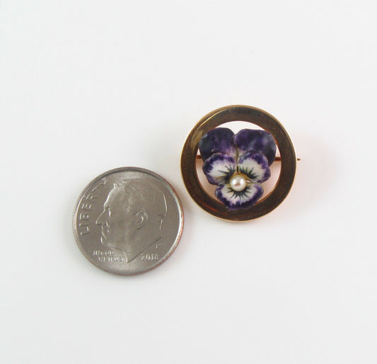 Petite 14k Gold Art Nouveau Krementz Enamel Pansy Pearl Circular Brooch Pin