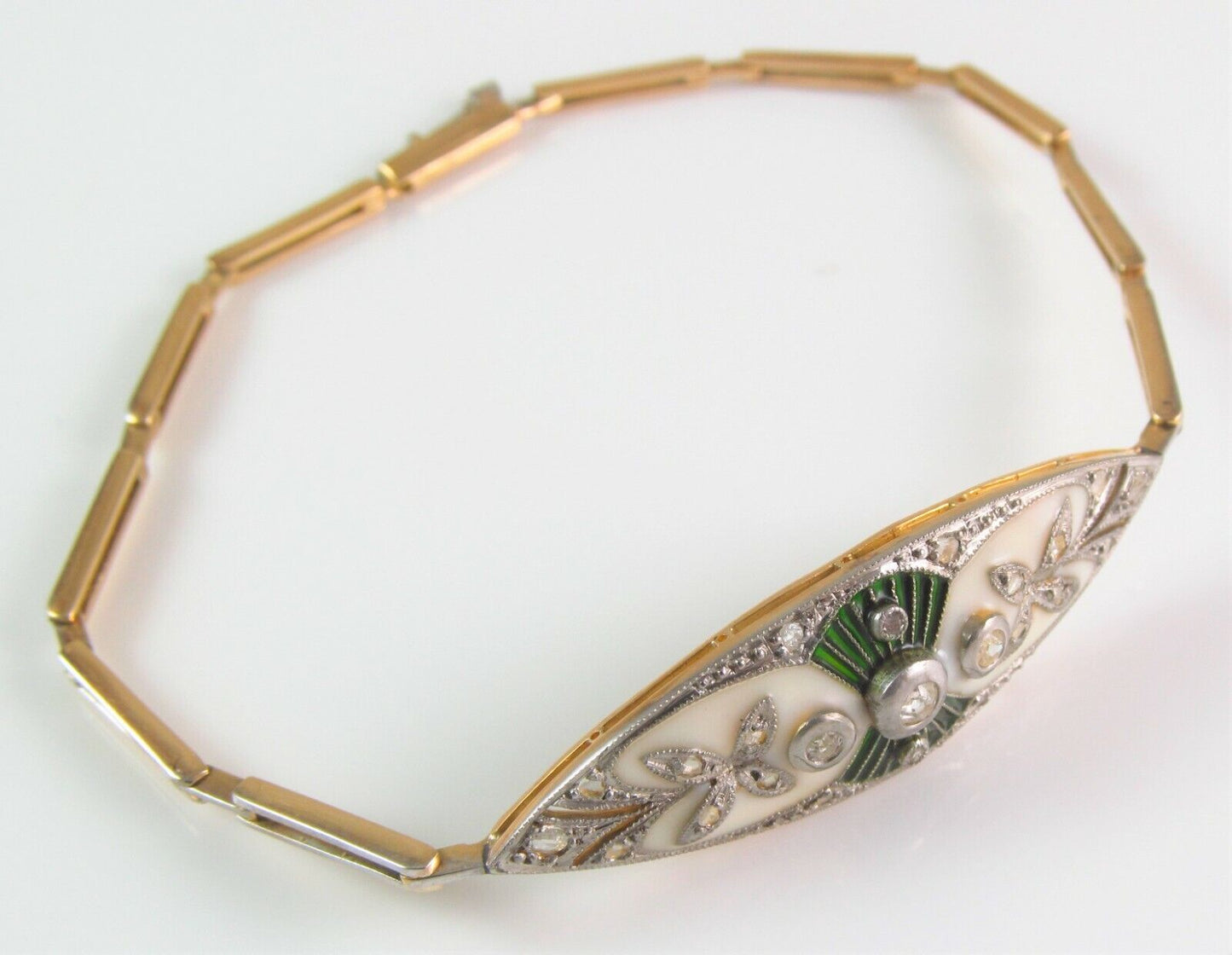 Antique 18K Gold & Platinum Edwardian Diamond & Plique A Jour Enamel Bracelet