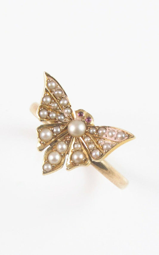 Antique 14k Gold Victorian Ruby Eyed Butterfly Pearl Conversion Ring Size 6.25