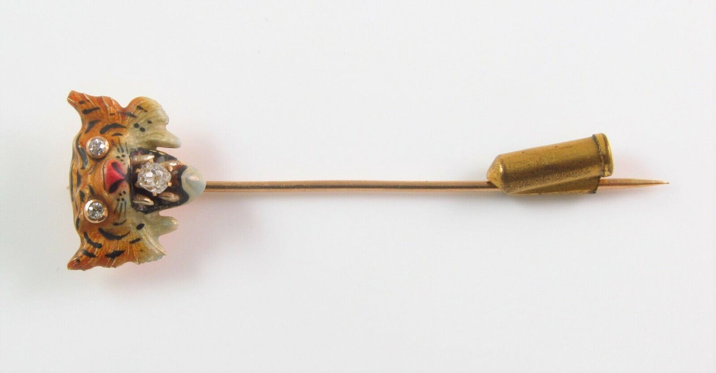 Antique 14k Gold Art Nouveau Diamond and Enamel Tiger Cat Stick Pin