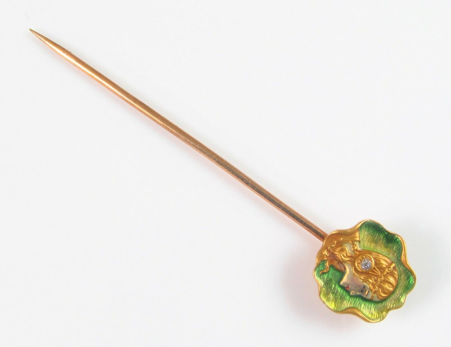 Antique 18k Gold Whiteside & Blank Enamel & Diamond Art Nouveau Lady Stick Pin