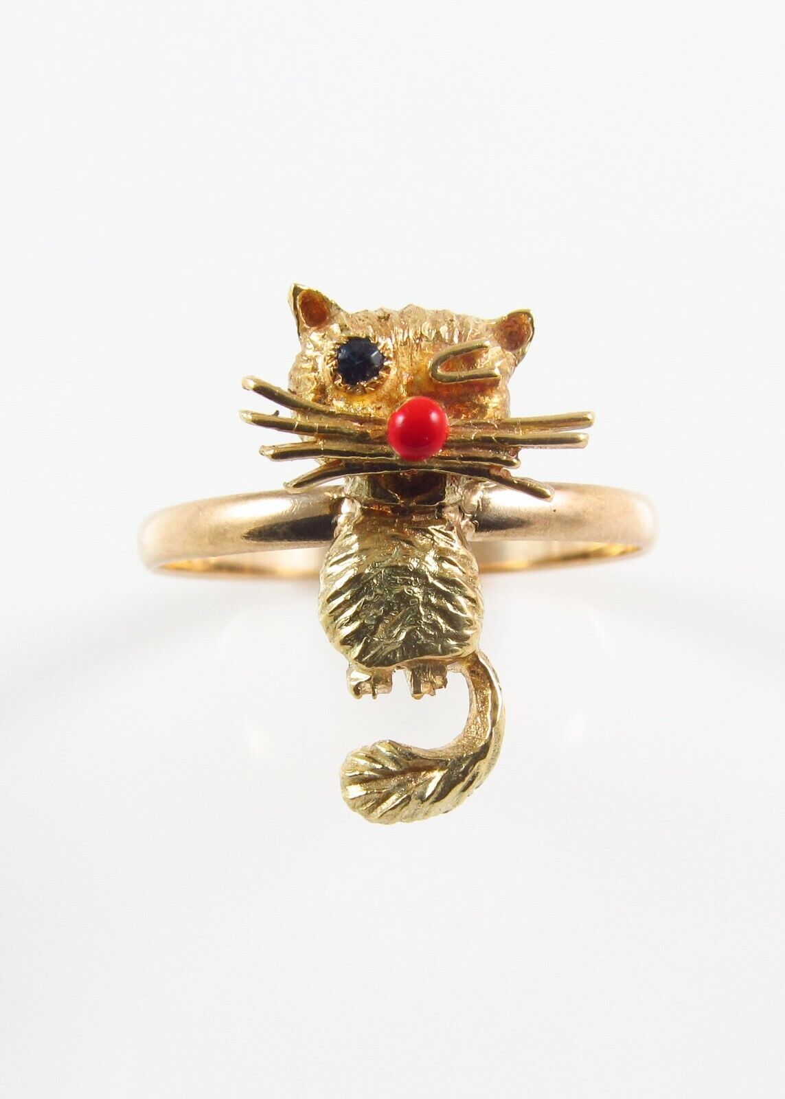 Vintage 14k Yellow Gold Sapphire Eyed & Winking Cat Conversion Ring Size 8.75