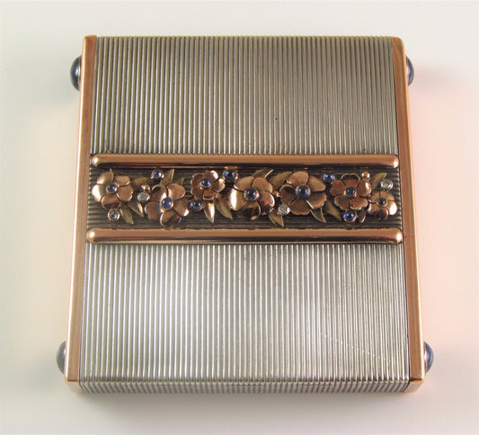 French Art Deco 18K Gold & Silver Sapphire & Diamond Floral Compact By Ostertag