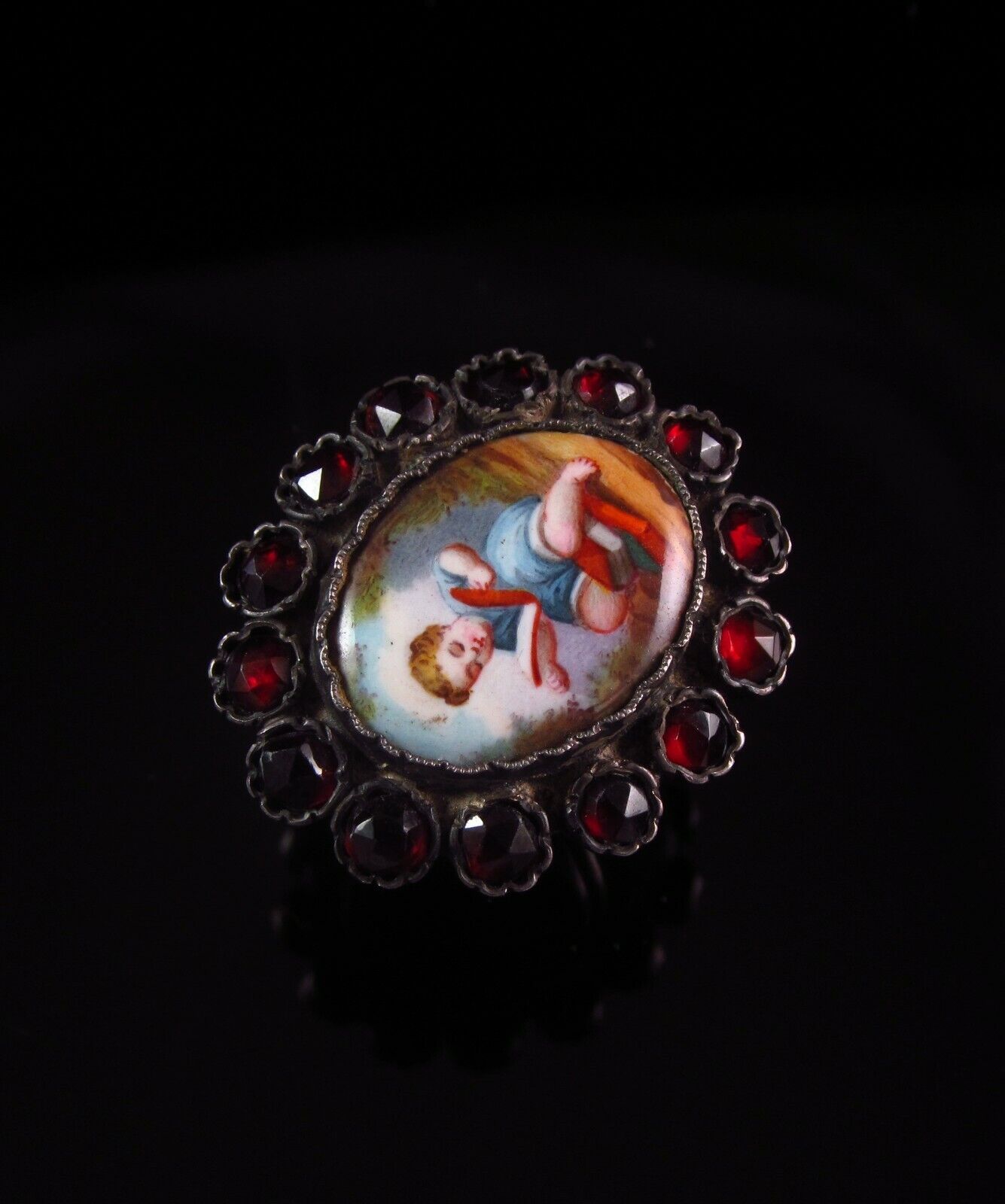 Antique Victorian Silver Bohemian Garnet & Porcelain Child Portrait Ring Size 6