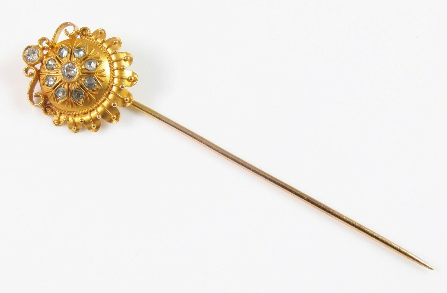 Antique Victorian 18k & 14k Gold & Diamond Etruscan Revival Stick Pin Circa 1870