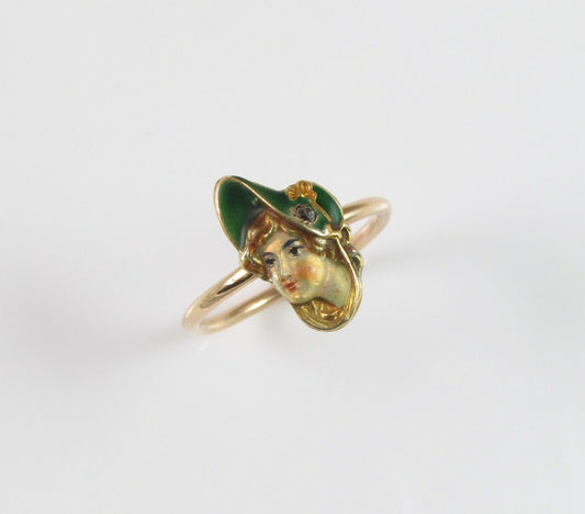 Antique 14k Gold Art Nouveau Enamel & Diamond Gibson Girl Conversion Ring SZ 7.5