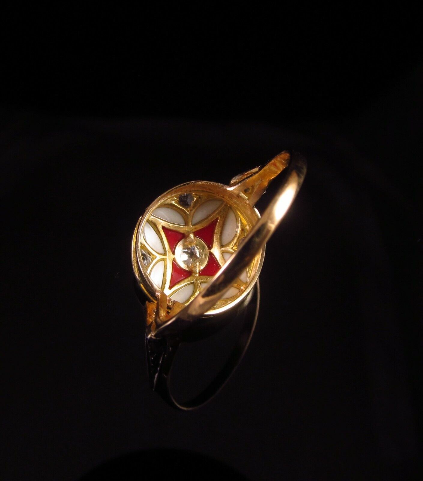 Antique 18k Yellow Gold & Platinum Topped Enamel Circular Diamond Ring Size 9.25