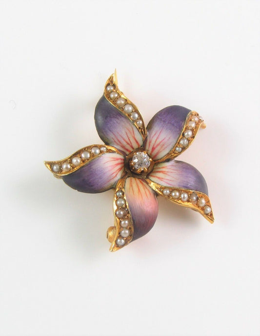 Antique 14K Gold Art Nouveau Enamel Diamond Pearl Violet Flower Brooch Pendant