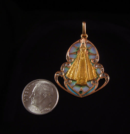 Antique 14k Gold Plique A Jour Enamel Diamond Emerald Jesus Religious Pendant