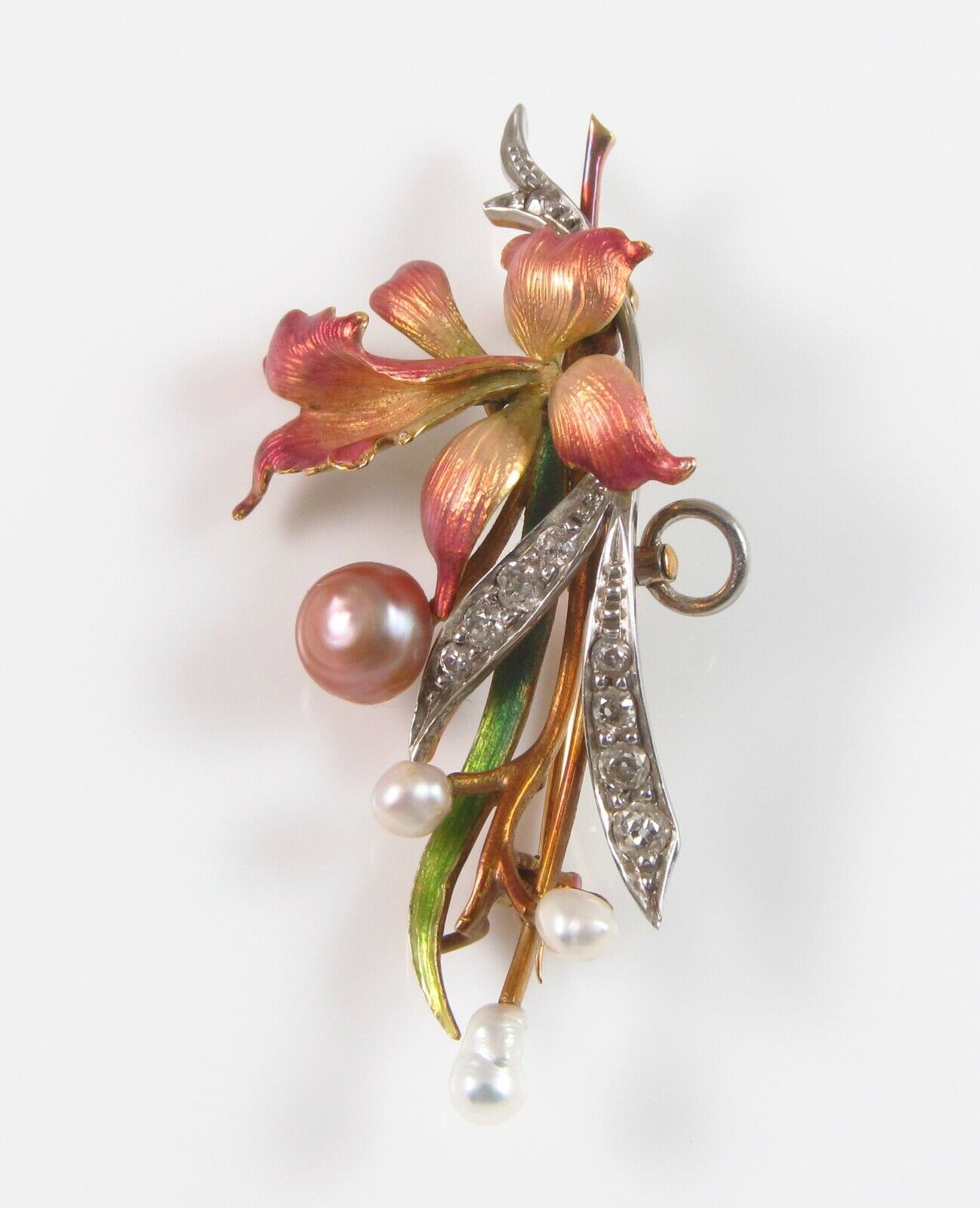 Art Nouveau 18k Gold Platinum Diamond Pearl Enamel Orchid Flower Brooch Pendant