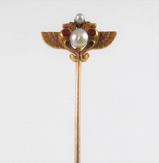 Antique 14k Gold Alling & Co. Enamel Egyptian Revival Pearl Serpents Stick Pin