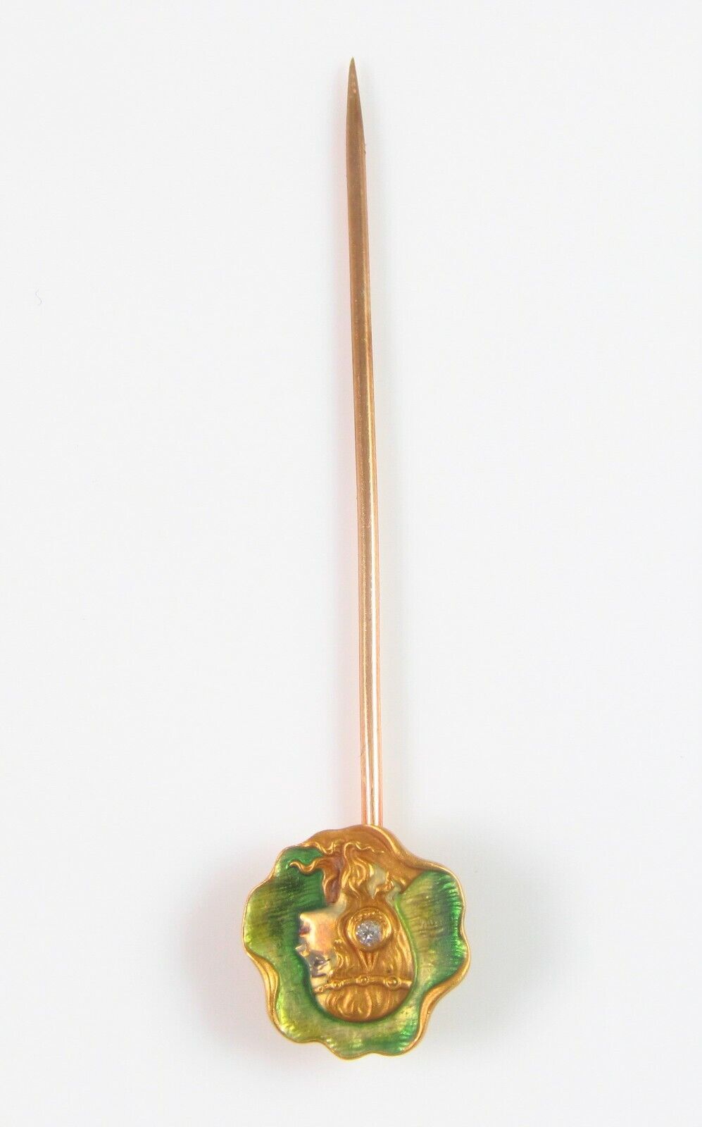 Antique 18k Gold Whiteside & Blank Enamel & Diamond Art Nouveau Lady Stick Pin