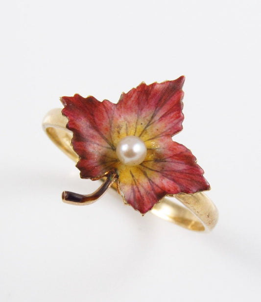Antique 14k Gold Art Nouveau Victorian Enamel & Pearl Maple Leaf Ring Size 7