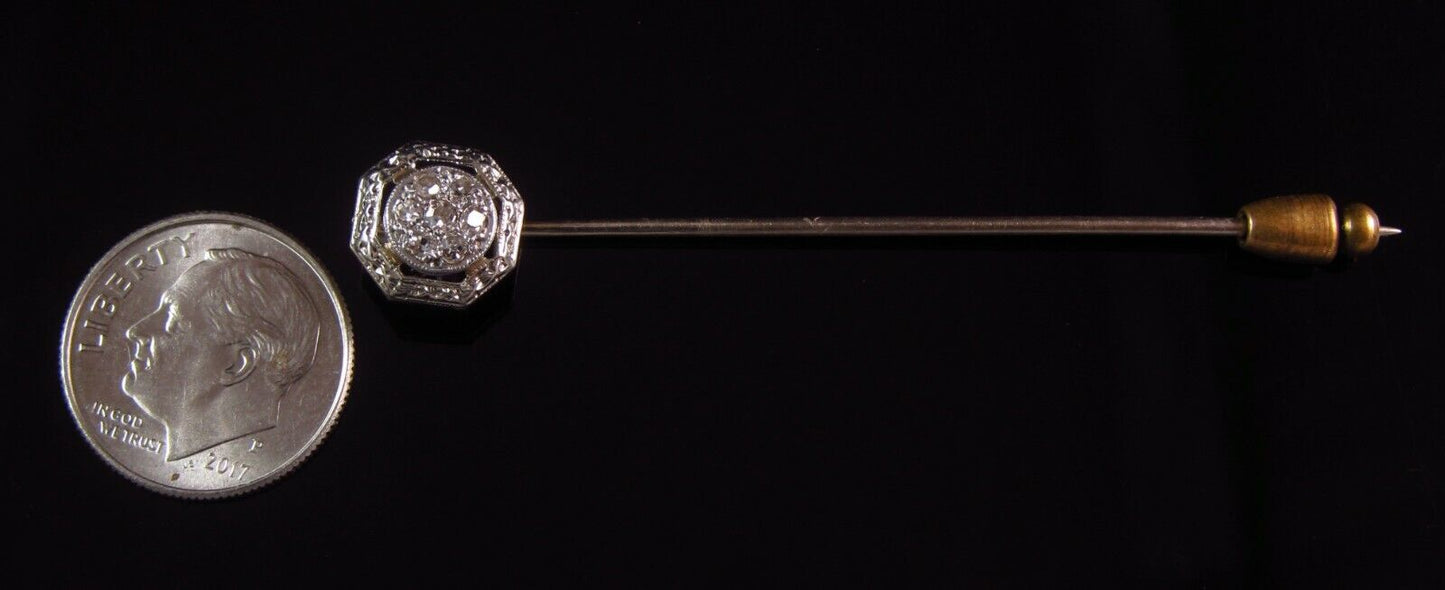 Antique Art Deco 14k White Gold & Platinum Diamond Cluster Stick Pin