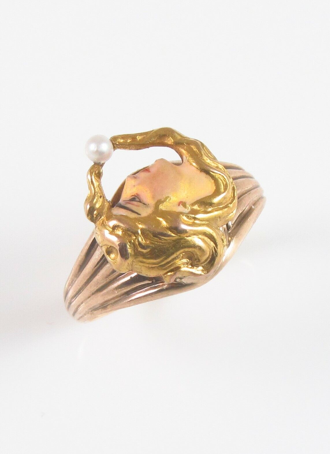 Antique 14k Gold Art Nouveau Enamel & Pearl Maiden Lady Conversion Ring Size 4.5