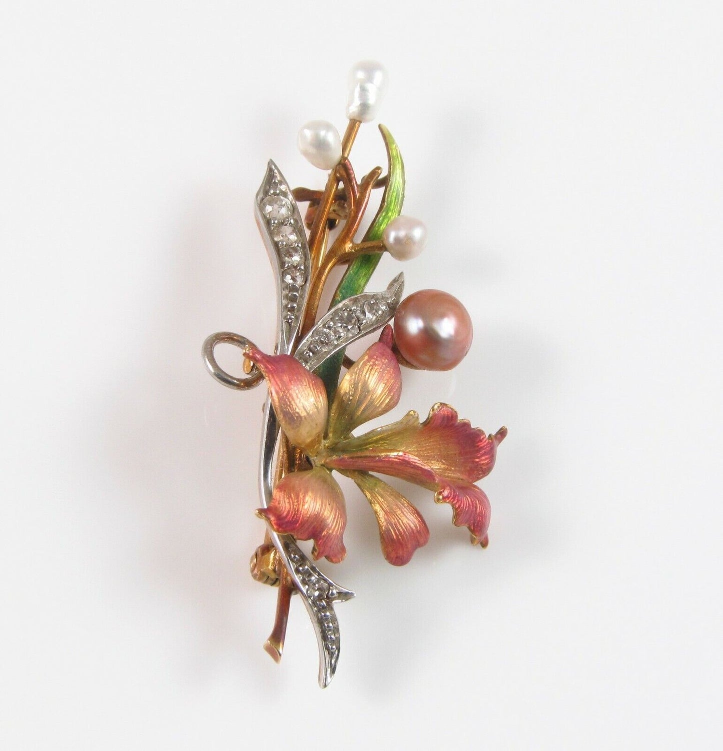 Art Nouveau 18k Gold Platinum Diamond Pearl Enamel Orchid Flower Brooch Pendant