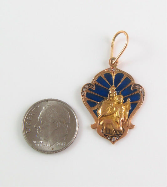 Antique 18k Gold Plique A Jour Enamel Diamond Mary With Jesus Religious Pendant
