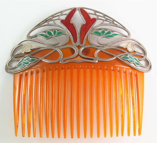 Rare Antique F. Zerrenner Art Nouveau Silver Plique A Jour Enamel Hair Comb