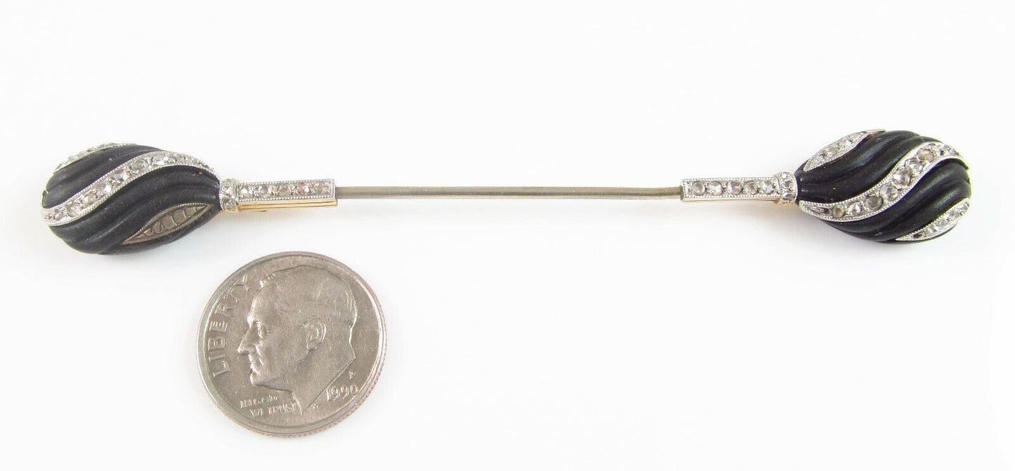 Antique French Art Deco 18k Gold Platinum Vulcanite & Diamond Jabot Stick Pin