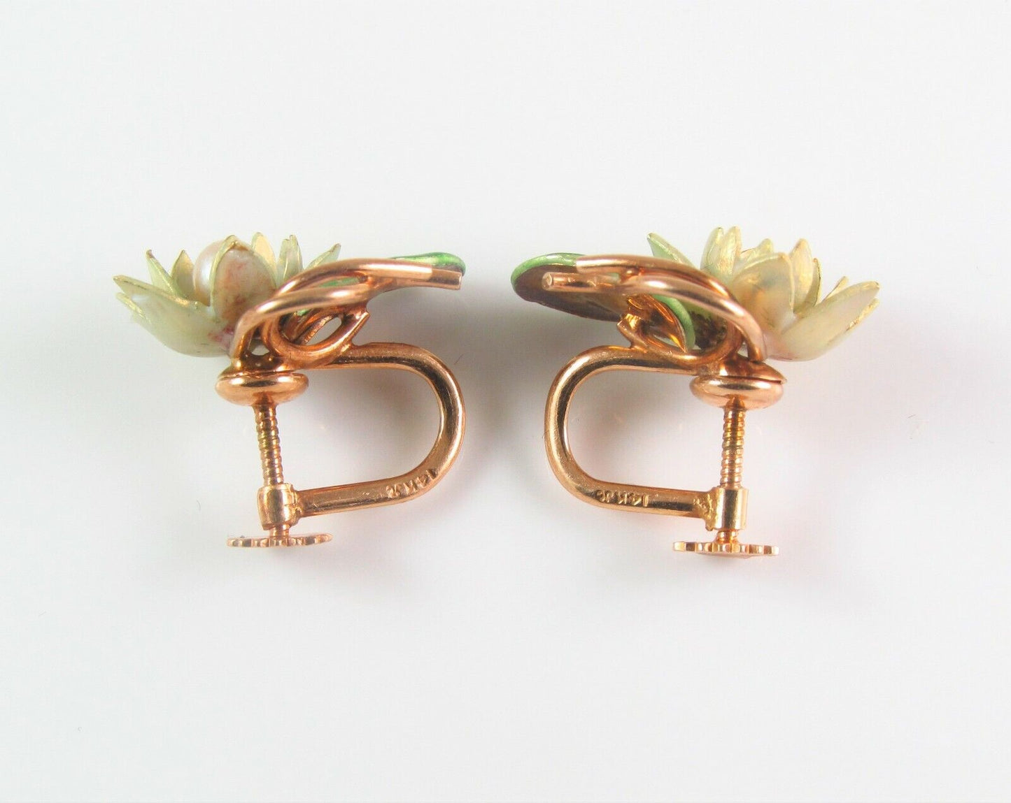 Antique 14k Gold Krementz & Co Enamel Art Nouveau Pearl Lotus Lily Pad Earrings