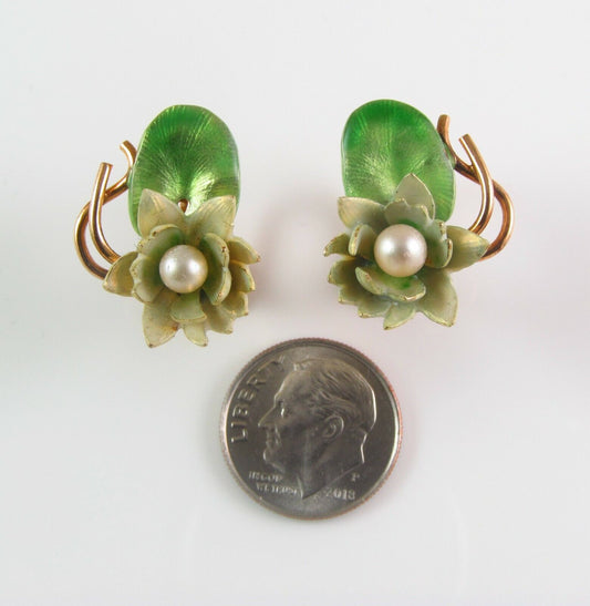 Antique 14k Gold Krementz & Co Enamel Art Nouveau Pearl Lotus Lily Pad Earrings