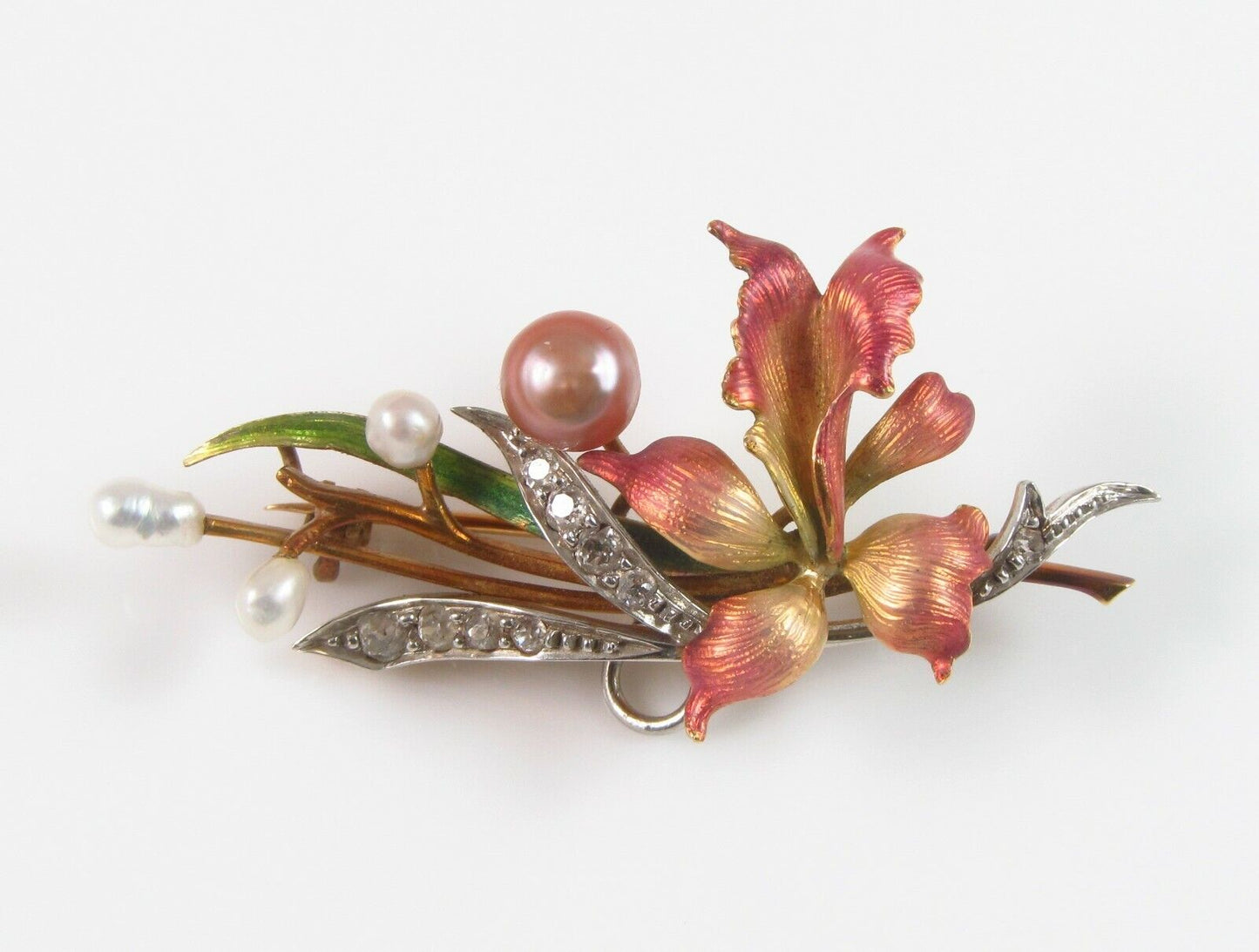 Art Nouveau 18k Gold Platinum Diamond Pearl Enamel Orchid Flower Brooch Pendant