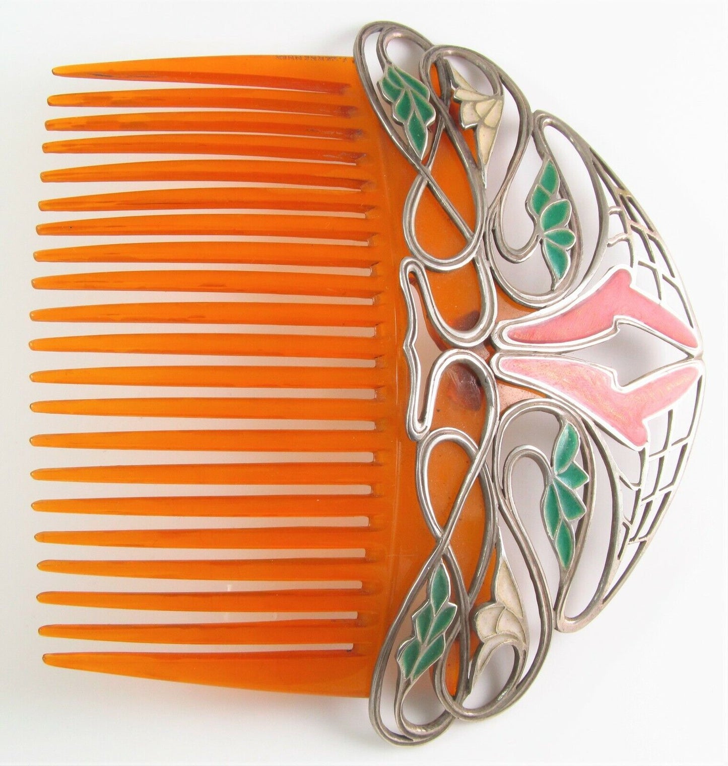 Rare Antique F. Zerrenner Art Nouveau Silver Plique A Jour Enamel Hair Comb